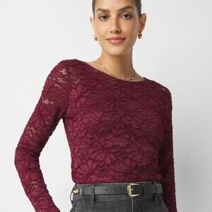 Adrianna Papell Lace Overlay Crew Neck Long Sleeve Top in Merlot Women's Large